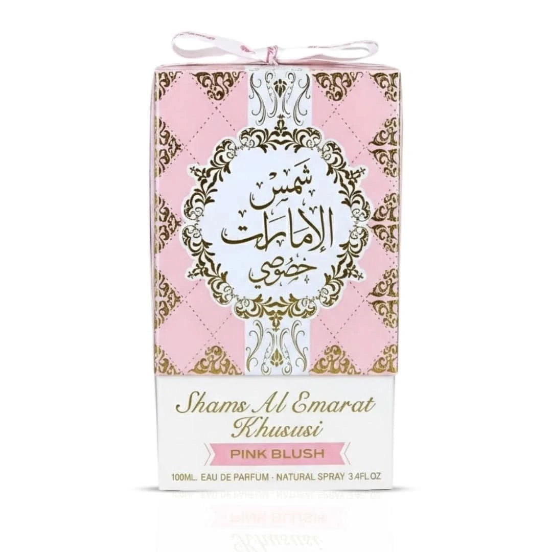 Shams Al Emarat Khususi pink blush packaging on a white background